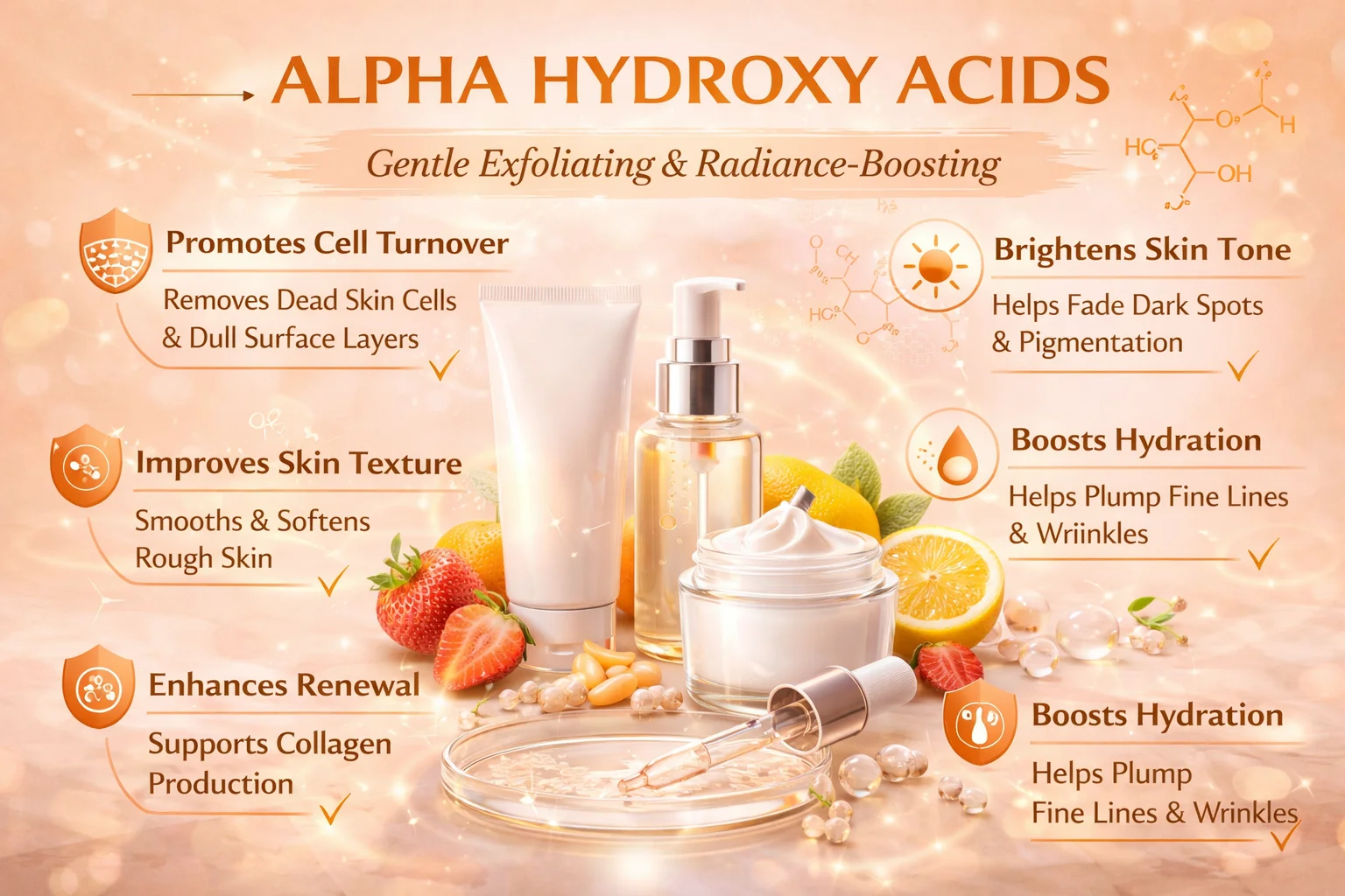 Promotional image highlighting alpha hydroxy acids in skincare with a focus on exfoliation and radiance-boosting benefits.